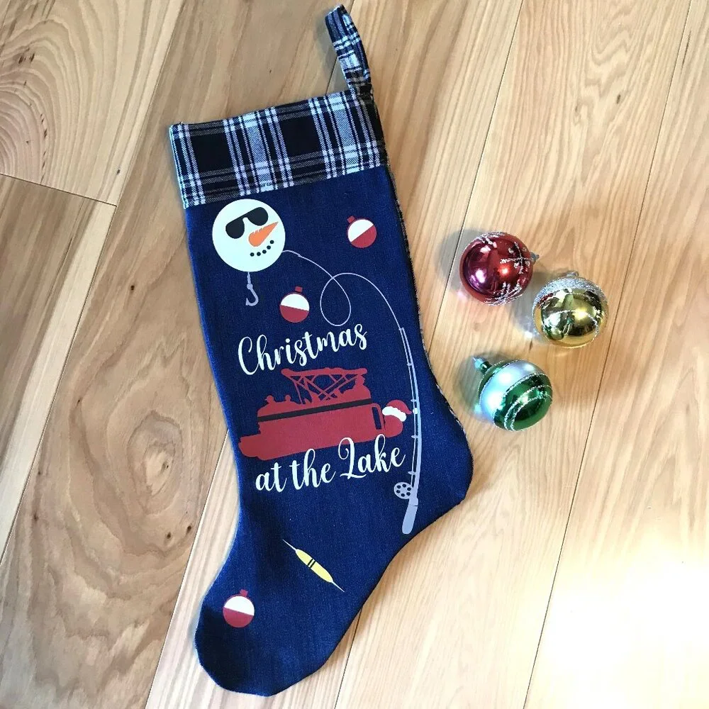 Handmade Denim Christmas Stocking, Lake House Fishing Decor Pontoon Boat S-M